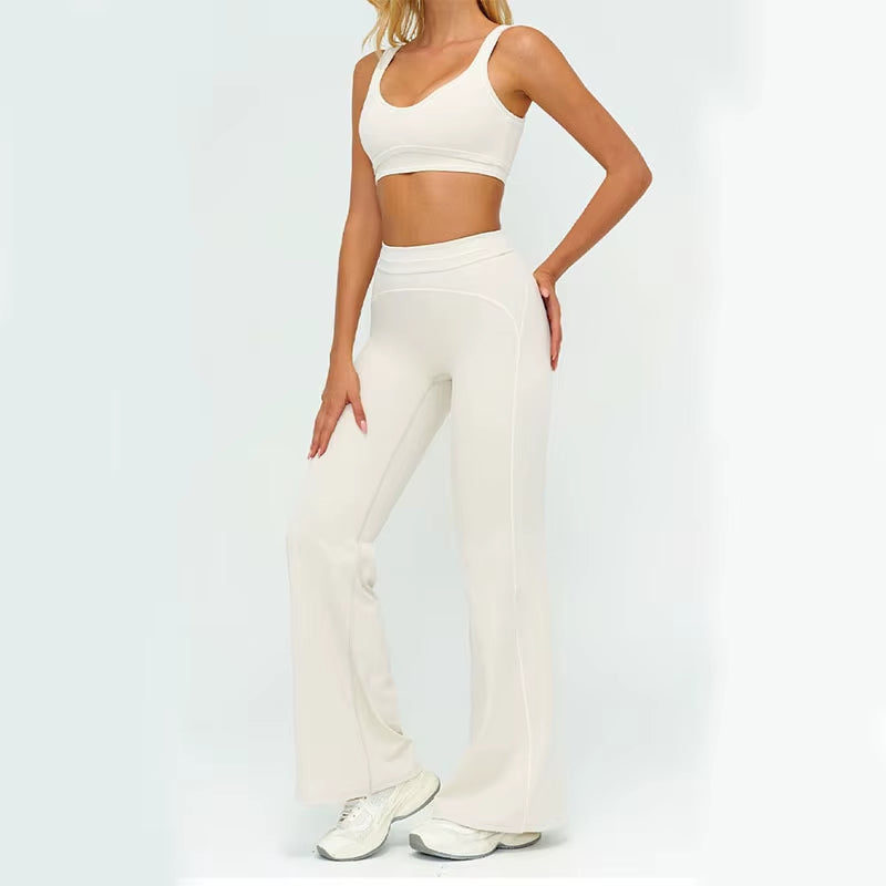 High Waist Fleece Lined Sports Bra and Wide Leg Pants Set Contrast Color Outdoor Casual Running Fitness Gym Leisure Outfit
