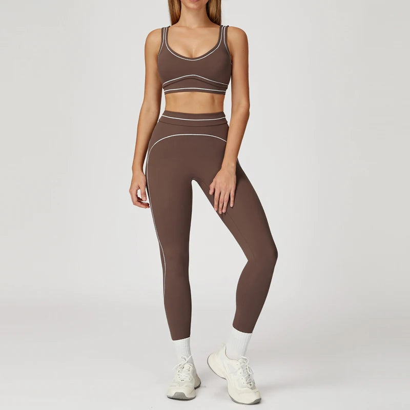 Womens Workout Sets 2 Piece Sets Contrastline Built-In Bra Tank Top High Waist Butt Lifting Leggings Gym Yoga Outfits