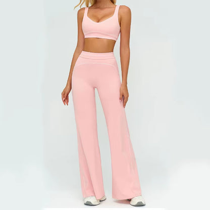 High Waist Fleece Lined Sports Bra and Wide Leg Pants Set Contrast Color Outdoor Casual Running Fitness Gym Leisure Outfit