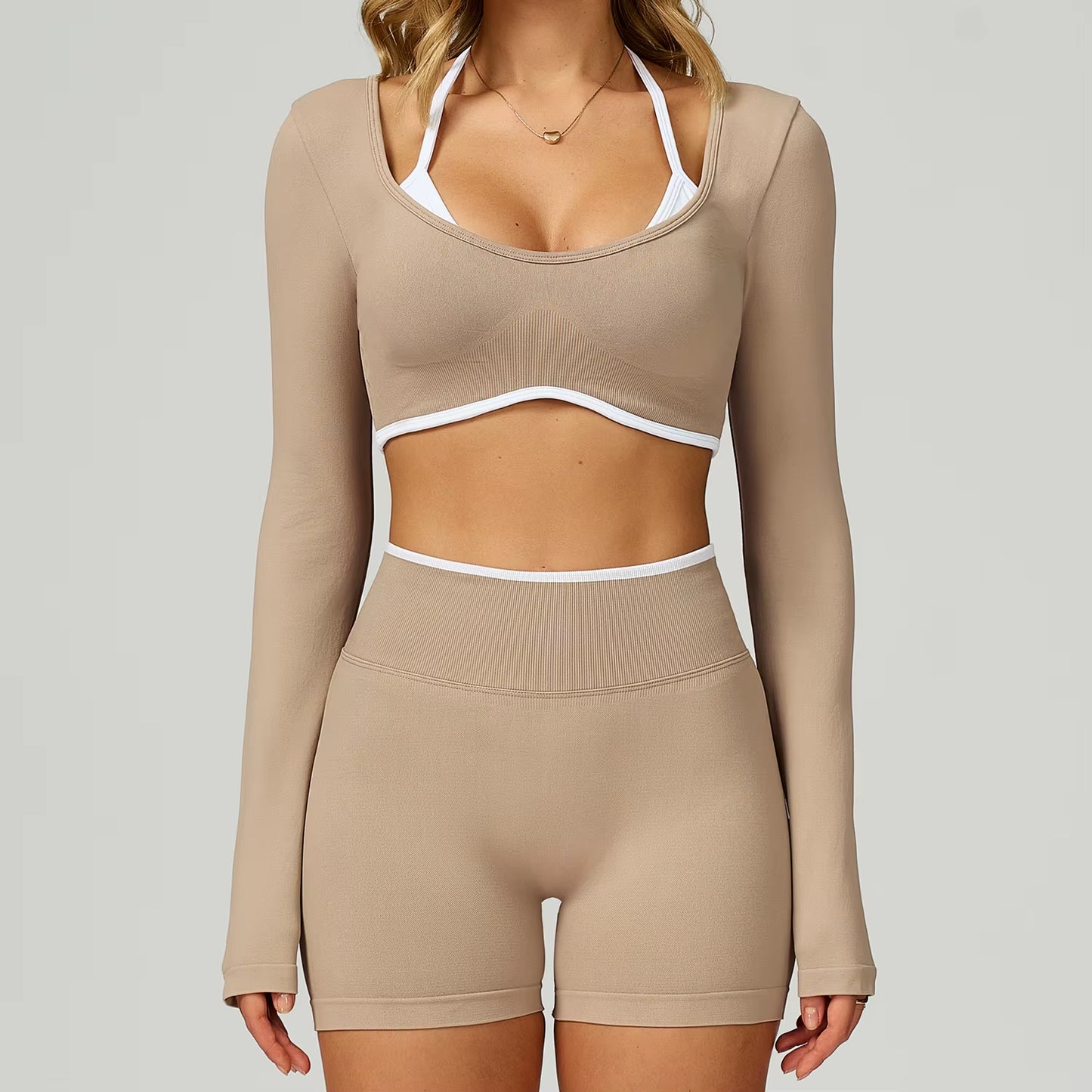 Seamless 2PCS Yoga Sets Women Gym Fitness Suits Workout Tracksuits Sportswear Female Sexy Long Sleeve Crop Top Sports Suit
