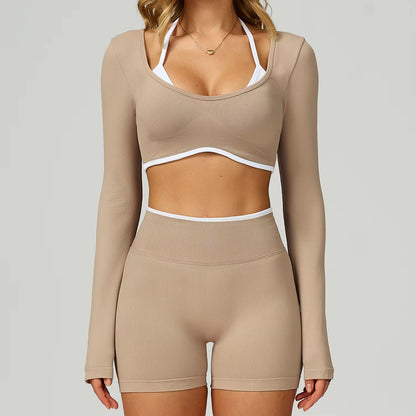 Seamless 2PCS Yoga Sets Women Gym Fitness Suits Workout Tracksuits Sportswear Female Sexy Long Sleeve Crop Top Sports Suit