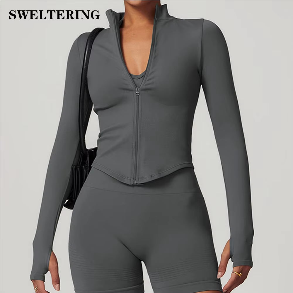 Zipper Jacket Women Crop Tops Yoga T-Shirts Solid Sports Top Long Sleeve Running Shirts Sexy Quick Dry Fitness Gym Sport Wear