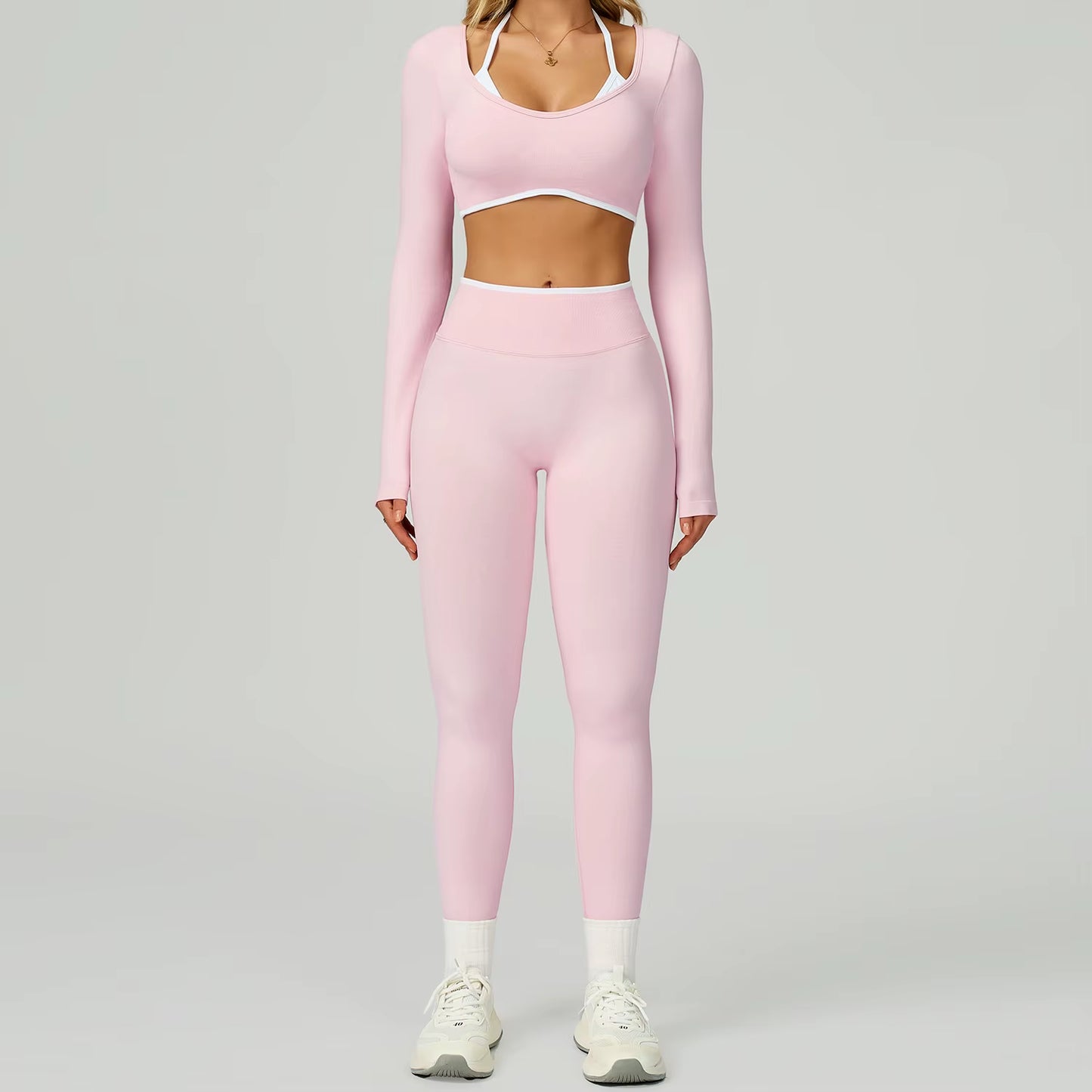 Seamless 2PCS Yoga Sets Women Gym Fitness Suits Workout Tracksuits Sportswear Female Sexy Long Sleeve Crop Top Sports Suit