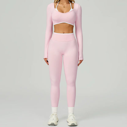 Seamless 2PCS Yoga Sets Women Gym Fitness Suits Workout Tracksuits Sportswear Female Sexy Long Sleeve Crop Top Sports Suit