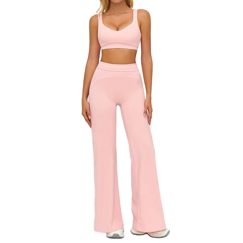 High Waist Fleece Lined Sports Bra and Wide Leg Pants Set Contrast Color Outdoor Casual Running Fitness Gym Leisure Outfit