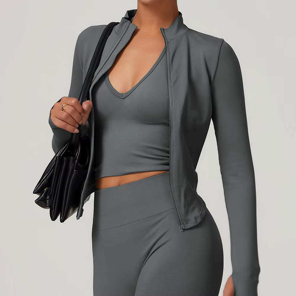Zipper Jacket Women Crop Tops Yoga T-Shirts Solid Sports Top Long Sleeve Running Shirts Sexy Quick Dry Fitness Gym Sport Wear