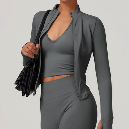 Zipper Jacket Women Crop Tops Yoga T-Shirts Solid Sports Top Long Sleeve Running Shirts Sexy Quick Dry Fitness Gym Sport Wear