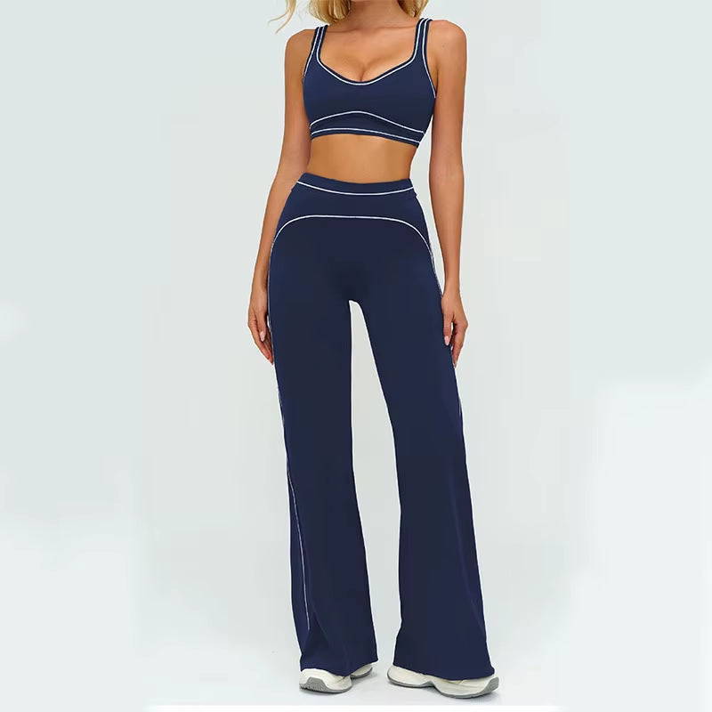 High Waist Fleece Lined Sports Bra and Wide Leg Pants Set Contrast Color Outdoor Casual Running Fitness Gym Leisure Outfit