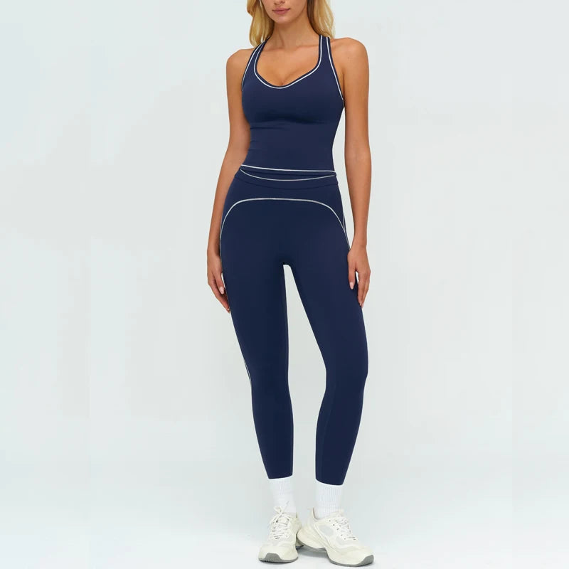 Womens Workout Sets 2 Piece Sets Contrastline Built-In Bra Tank Top High Waist Butt Lifting Leggings Gym Yoga Outfits
