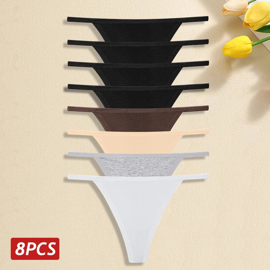 8Pcs/Set Women Cotton Panties Sexy Low Waist G-String Thong Thin Belts Female Breahtable Underwear Ladies Soild Panties Lingerie