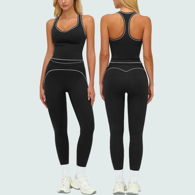 Womens Workout Sets 2 Piece Sets Contrastline Built-In Bra Tank Top High Waist Butt Lifting Leggings Gym Yoga Outfits