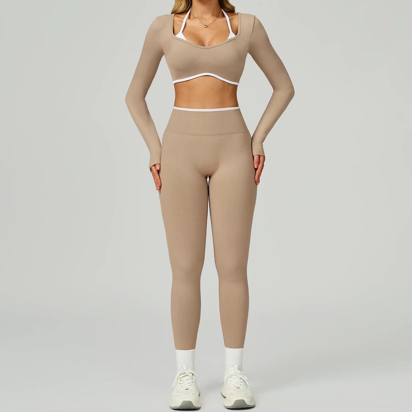 Seamless 2PCS Yoga Sets Women Gym Fitness Suits Workout Tracksuits Sportswear Female Sexy Long Sleeve Crop Top Sports Suit