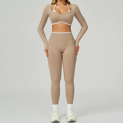 Seamless 2PCS Yoga Sets Women Gym Fitness Suits Workout Tracksuits Sportswear Female Sexy Long Sleeve Crop Top Sports Suit