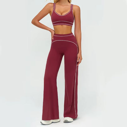 High Waist Fleece Lined Sports Bra and Wide Leg Pants Set Contrast Color Outdoor Casual Running Fitness Gym Leisure Outfit
