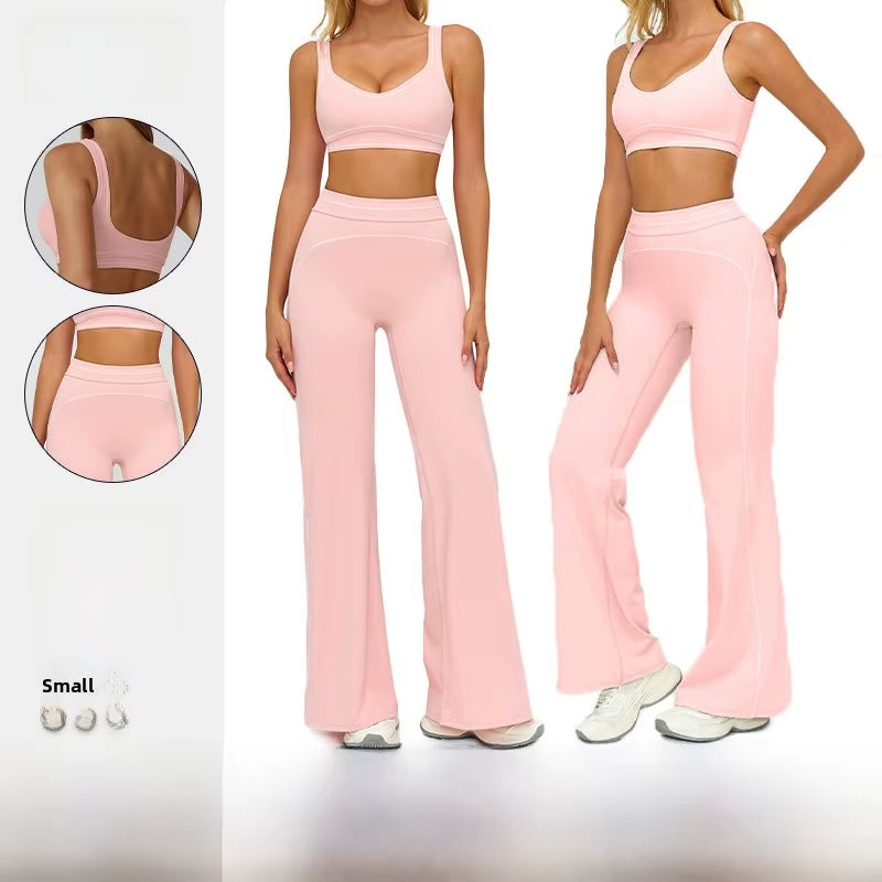 High Waist Fleece Lined Sports Bra and Wide Leg Pants Set Contrast Color Outdoor Casual Running Fitness Gym Leisure Outfit