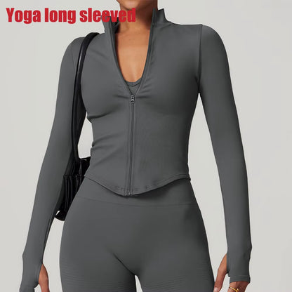 Zipper Jacket Women Crop Tops Yoga T-Shirts Solid Sports Top Long Sleeve Running Shirts Sexy Quick Dry Fitness Gym Sport Wear