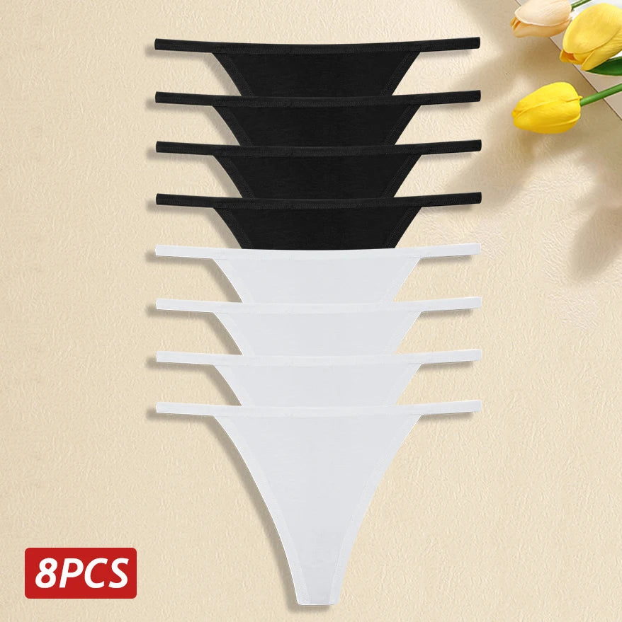 8Pcs/Set Women Cotton Panties Sexy Low Waist G-String Thong Thin Belts Female Breahtable Underwear Ladies Soild Panties Lingerie