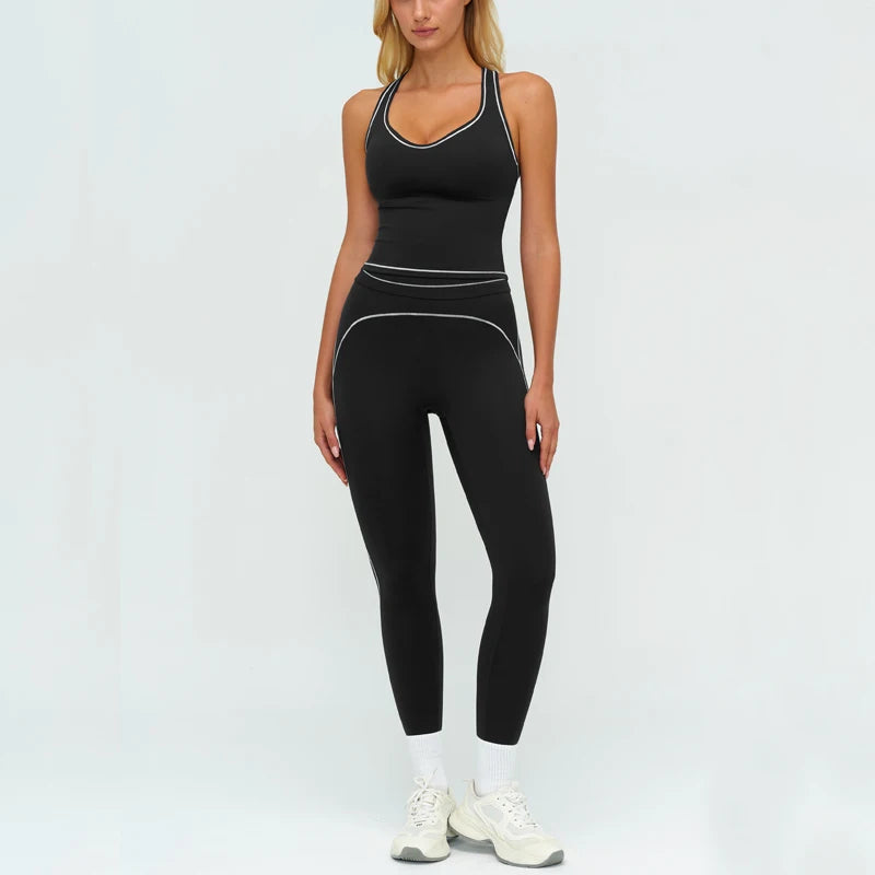 Womens Workout Sets 2 Piece Sets Contrastline Built-In Bra Tank Top High Waist Butt Lifting Leggings Gym Yoga Outfits