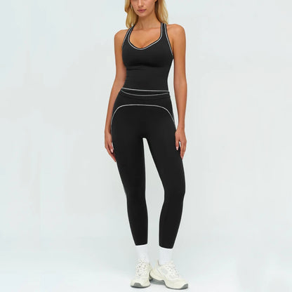 Womens Workout Sets 2 Piece Sets Contrastline Built-In Bra Tank Top High Waist Butt Lifting Leggings Gym Yoga Outfits