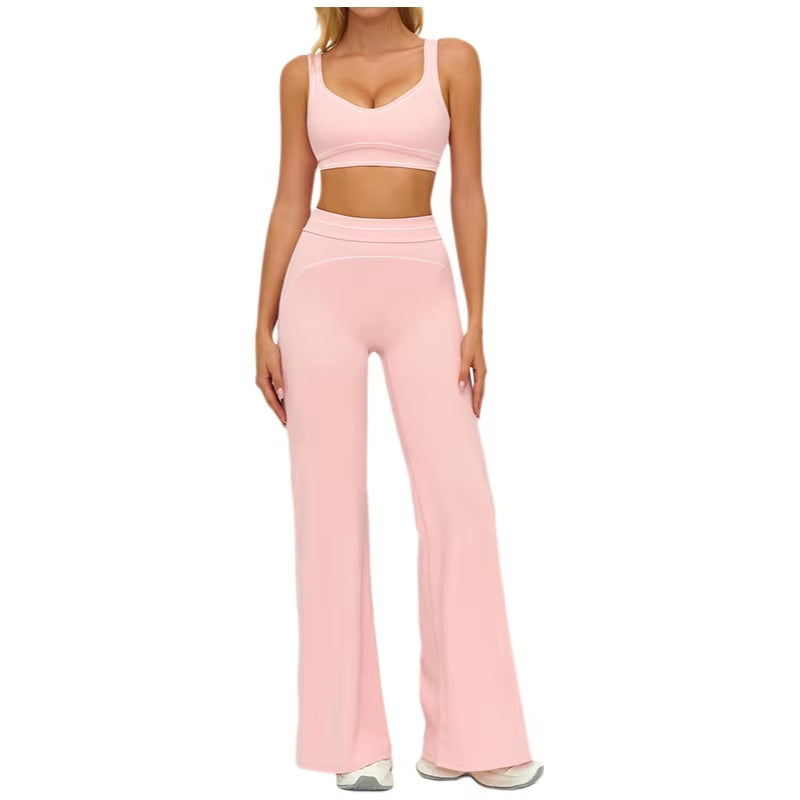 High Waist Fleece Lined Sports Bra and Wide Leg Pants Set Contrast Color Outdoor Casual Running Fitness Gym Leisure Outfit