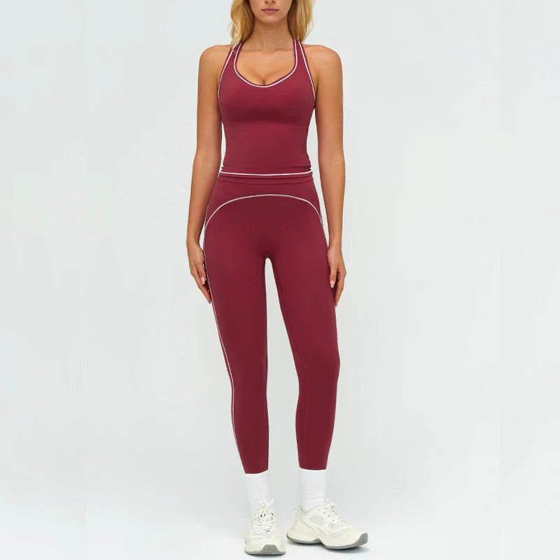 Womens Workout Sets 2 Piece Sets Contrastline Built-In Bra Tank Top High Waist Butt Lifting Leggings Gym Yoga Outfits