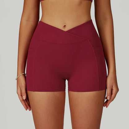 Women Cross Waist Head Yoga Shorts High Waist Workout Shorts Fitness Yoga Lift Butt Fitness Ladies Yoga Gym Running Short Pants