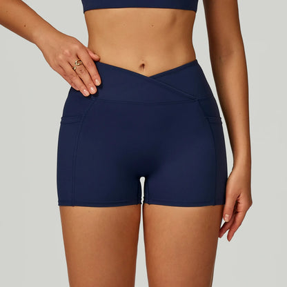 Women Cross Waist Head Yoga Shorts High Waist Workout Shorts Fitness Yoga Lift Butt Fitness Ladies Yoga Gym Running Short Pants