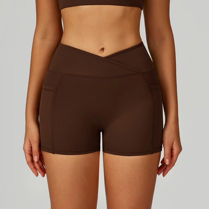 Women Cross Waist Head Yoga Shorts High Waist Workout Shorts Fitness Yoga Lift Butt Fitness Ladies Yoga Gym Running Short Pants