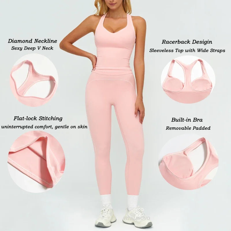 Womens Workout Sets 2 Piece Sets Contrastline Built-In Bra Tank Top High Waist Butt Lifting Leggings Gym Yoga Outfits