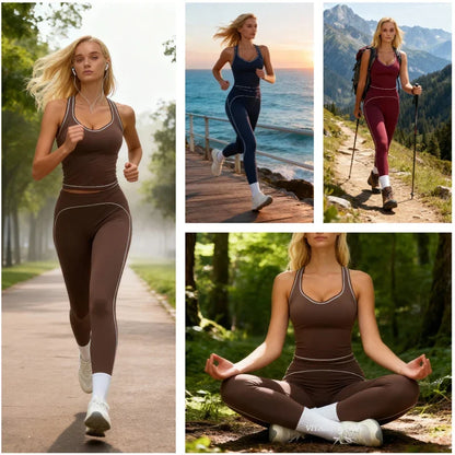 Womens Workout Sets 2 Piece Sets Contrastline Built-In Bra Tank Top High Waist Butt Lifting Leggings Gym Yoga Outfits