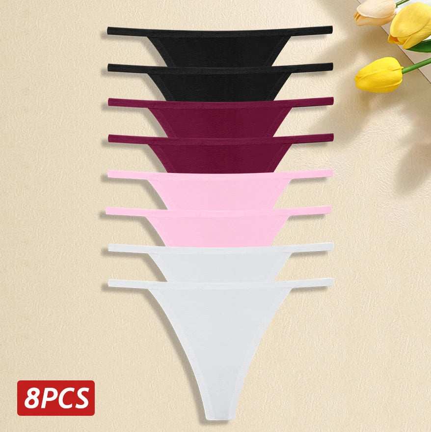 8Pcs/Set Women Cotton Panties Sexy Low Waist G-String Thong Thin Belts Female Breahtable Underwear Ladies Soild Panties Lingerie
