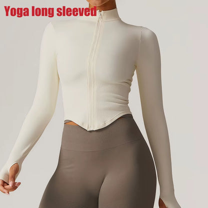 Zipper Jacket Women Crop Tops Yoga T-Shirts Solid Sports Top Long Sleeve Running Shirts Sexy Quick Dry Fitness Gym Sport Wear