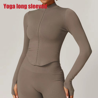 Zipper Jacket Women Crop Tops Yoga T-Shirts Solid Sports Top Long Sleeve Running Shirts Sexy Quick Dry Fitness Gym Sport Wear