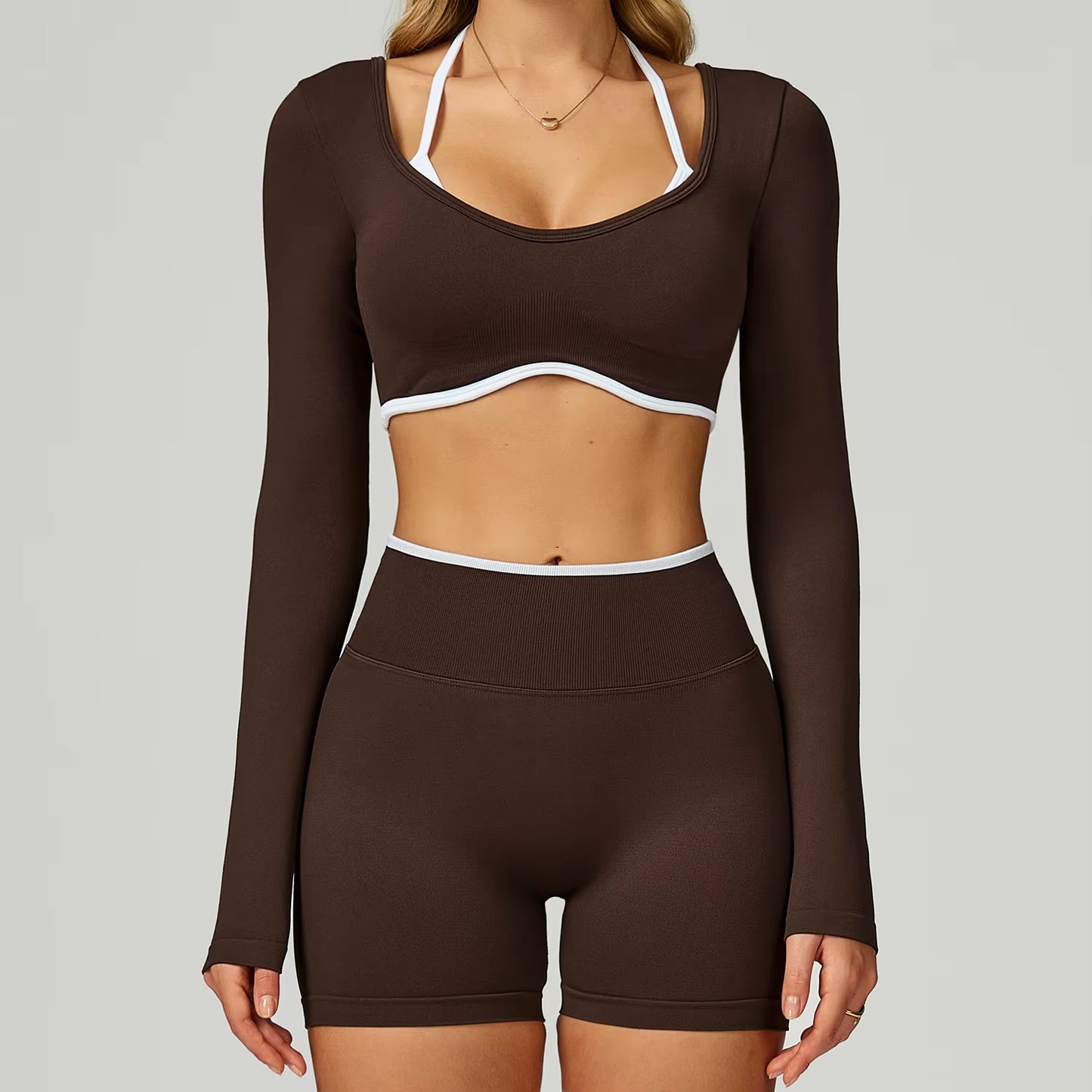 Seamless 2PCS Yoga Sets Women Gym Fitness Suits Workout Tracksuits Sportswear Female Sexy Long Sleeve Crop Top Sports Suit
