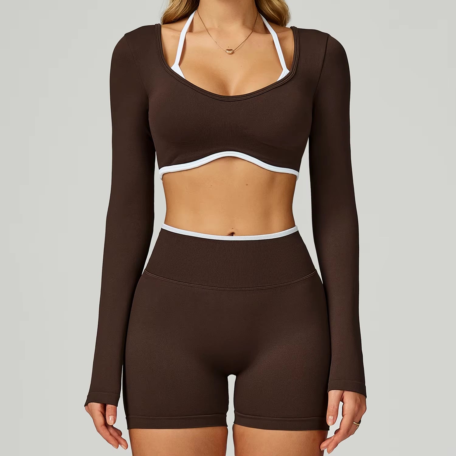 Seamless 2PCS Yoga Sets Women Gym Fitness Suits Workout Tracksuits Sportswear Female Sexy Long Sleeve Crop Top Sports Suit