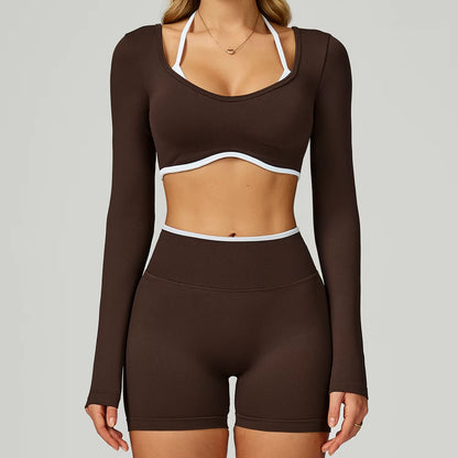 Seamless 2PCS Yoga Sets Women Gym Fitness Suits Workout Tracksuits Sportswear Female Sexy Long Sleeve Crop Top Sports Suit