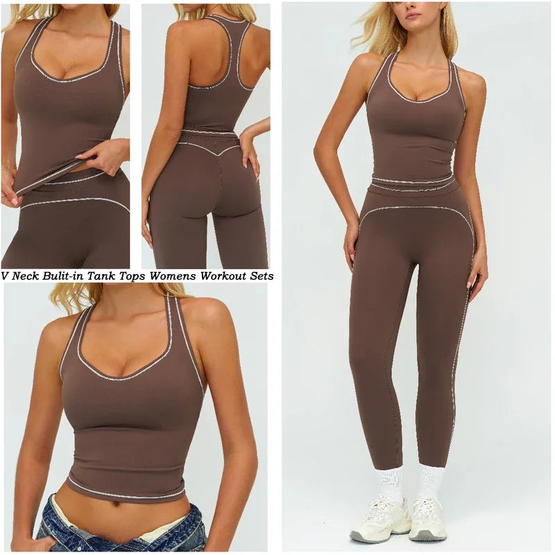 Womens Workout Sets 2 Piece Sets Contrastline Built-In Bra Tank Top High Waist Butt Lifting Leggings Gym Yoga Outfits