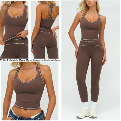 Womens Workout Sets 2 Piece Sets Contrastline Built-In Bra Tank Top High Waist Butt Lifting Leggings Gym Yoga Outfits
