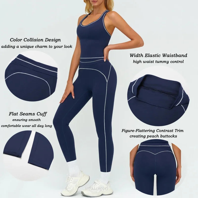 Womens Workout Sets 2 Piece Sets Contrastline Built-In Bra Tank Top High Waist Butt Lifting Leggings Gym Yoga Outfits
