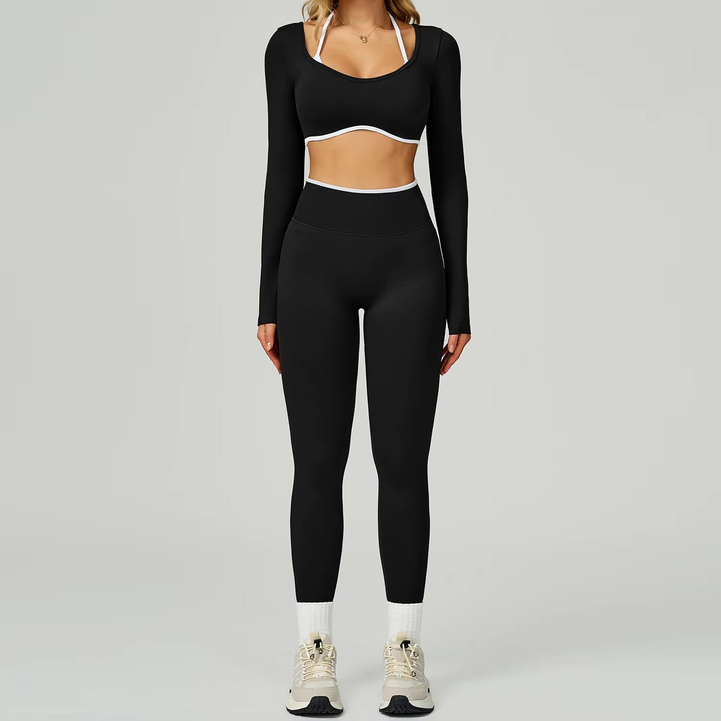 Seamless 2PCS Yoga Sets Women Gym Fitness Suits Workout Tracksuits Sportswear Female Sexy Long Sleeve Crop Top Sports Suit