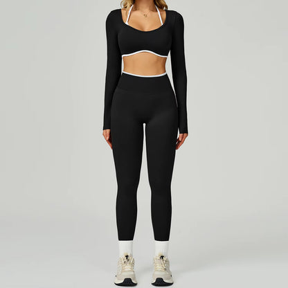 Seamless 2PCS Yoga Sets Women Gym Fitness Suits Workout Tracksuits Sportswear Female Sexy Long Sleeve Crop Top Sports Suit