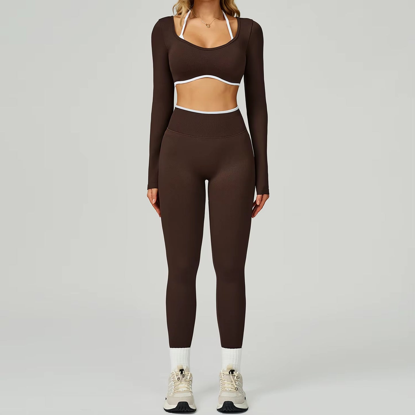 Seamless 2PCS Yoga Sets Women Gym Fitness Suits Workout Tracksuits Sportswear Female Sexy Long Sleeve Crop Top Sports Suit